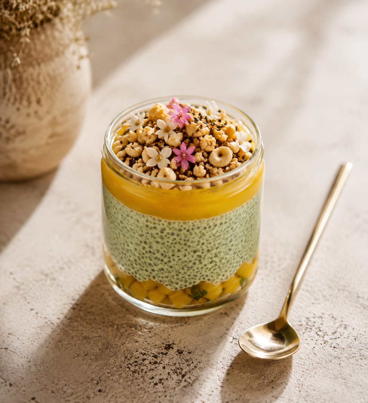 Layered pandan chia parfait in a glass jar with mango, coconut, granola, black sesame and edible flowers, with a gold spoon on a beige stone surface