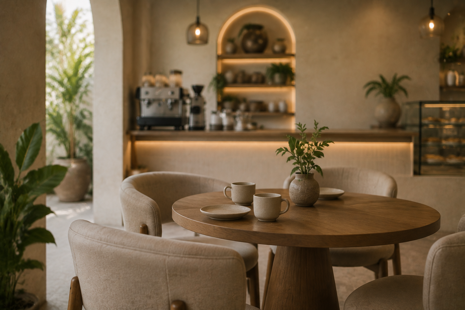 NOURA cafe interior with a rounded oak table, stoneware and soft natural light
