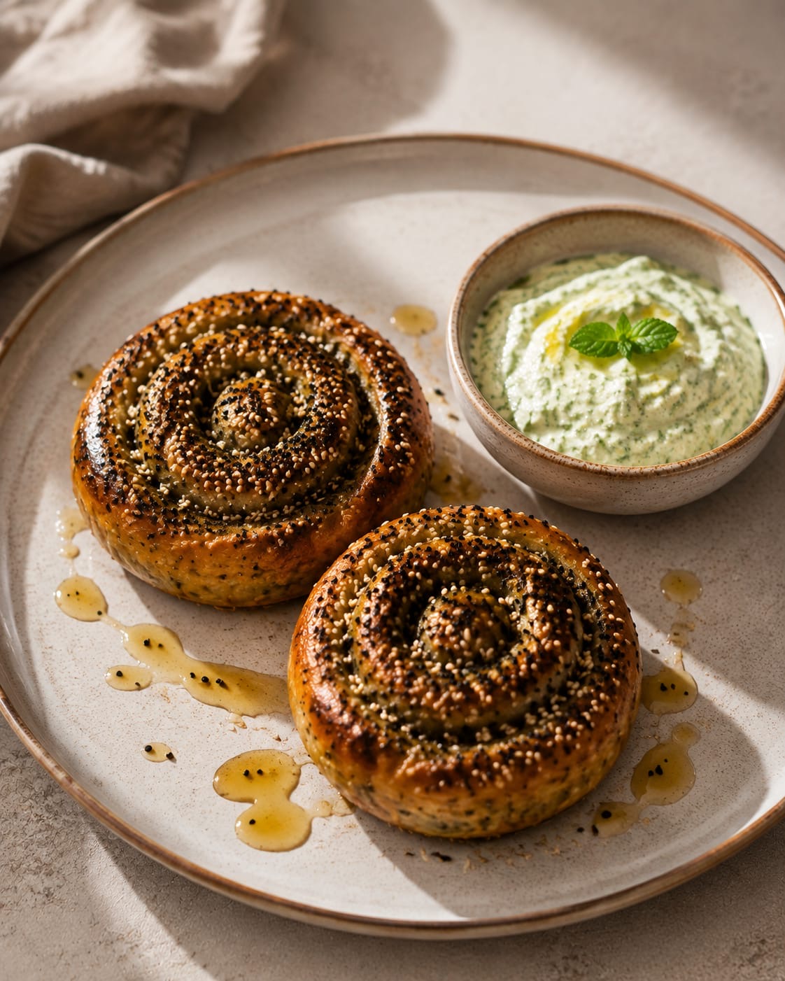 Golden seed-crusted crispy tofu rolls with herbs and a bowl of cashew tzatziki on a cream ceramic plate, drizzled with hot honey
