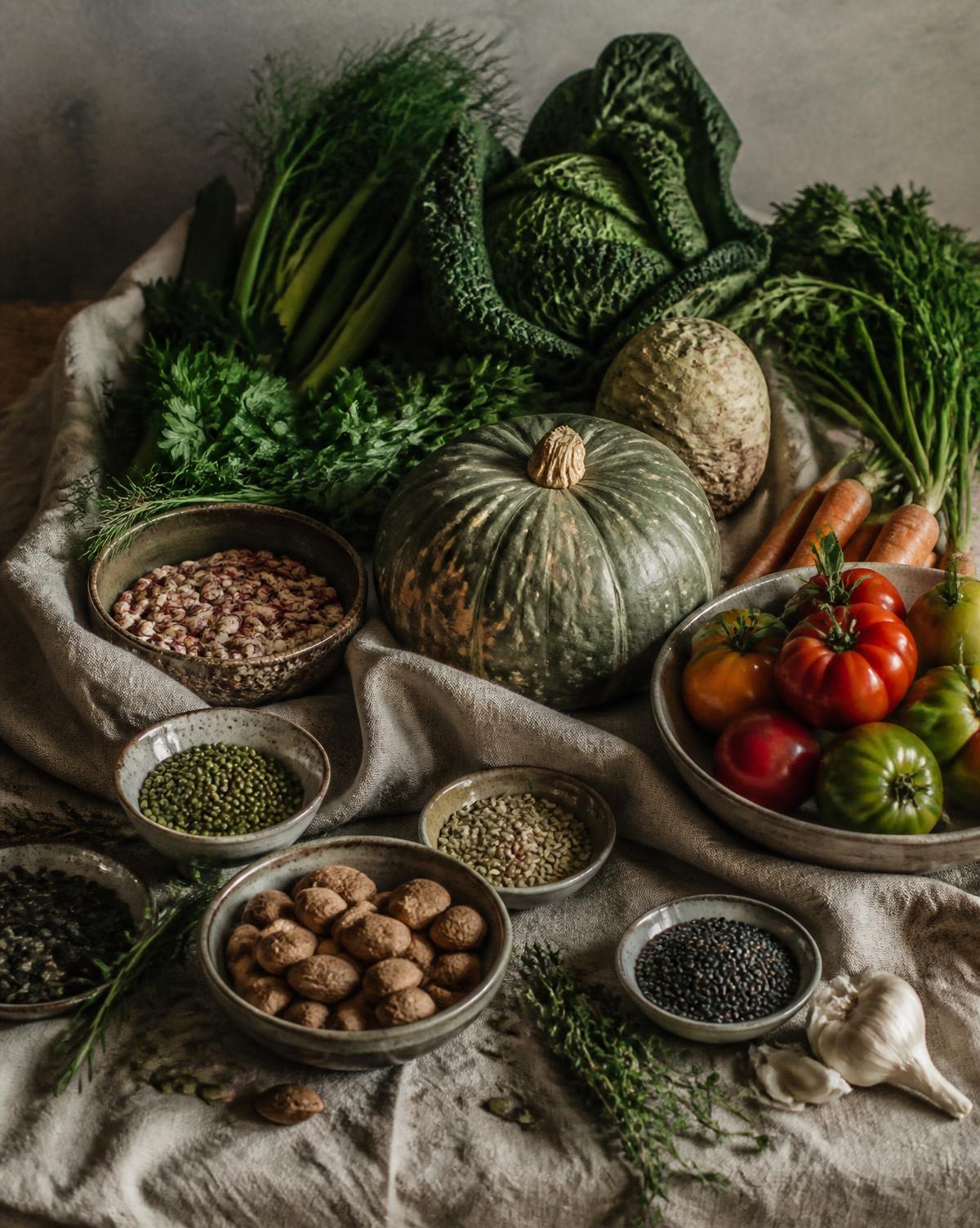 Whole raw ingredients — vegetables, herbs, seeds and legumes on linen
